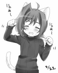 Rule 34 | 10s, 1boy, ahoge, animal ears, bad id, bad pixiv id, blush, cardfight!! vanguard, cat boy, cat ears, cat tail, chawanmushi (ebikamaboko), greyscale, male focus, monochrome, open mouth, paw pose, sendou aichi, short hair, simple background, smile, solo, sweat, sweater, tail, white background
