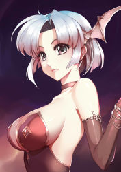 Rule 34 | 1girl, absurdres, adapted costume, armlet, bare shoulders, black choker, black gloves, black leotard, bracelet, breasts, choker, cleavage, closed mouth, demon girl, dress, elbow gloves, female focus, from side, gloves, gradient background, grey eyes, hair ornament, head wings, highres, ice dragon (artist), jewelry, langrisser, langrisser ii, large breasts, leotard, lips, looking at viewer, multicolored leotard, neck, parted bangs, portrait, purple background, red leotard, sherry (langrisser), short hair, sideboob, silver hair, smile, solo, strapless, strapless leotard, upper body, wing hair ornament, wings