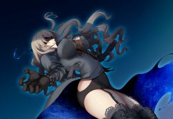 Rule 34 | 1girl, absurdres, ass, black dress, blindfold, blonde hair, blue background, breasts, choker, cleavage, deep one (game), dress, floating hair, from below, game cg, garter straps, gradient background, groin, highres, houmatsu yoruko, large breasts, legs, long hair, miniskirt, natsuhiko, original, outstretched arms, simple background, skirt, smile, solo, standing, thighhighs, thighs