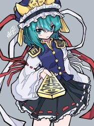 Rule 34 | 1girl, akuta neko, black skirt, blue vest, closed mouth, commentary, epaulettes, frilled hat, frills, green eyes, green hair, grey background, hat, hat ribbon, highres, holding, long sleeves, looking at viewer, ribbon, ribbon-trimmed skirt, ribbon trim, shiki eiki, signature, simple background, skirt, solo, touhou, vest