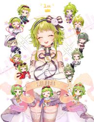 Rule 34 | :d, ^ ^, animal hood, arin (fanfan013), bare shoulders, blouse, chibi, choker, closed eyes, commentary request, detached sleeves, flower, green hair, gumi, gumi (v3 megpoid), gumi (v4 megpoid), hair ornament, hairband, highres, hood, microphone stand, open mouth, red shirt, ribbon, rose, shirt, smile, vocaloid, white flower, white rose