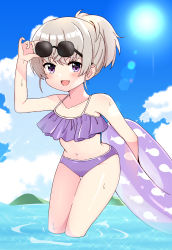 Rule 34 | 1girl, :d, ao (flowerclasse), arm up, bare arms, bare shoulders, bikini, blue sky, blush, breasts, cloud, collarbone, commentary request, day, eyewear on head, fang, grey hair, highres, innertube, looking at viewer, navel, open mouth, outdoors, ponytail, purple bikini, purple eyes, short hair, sky, slow loop, small breasts, smile, solo, sun, sunglasses, swim ring, swimsuit, water, yoshinaga koi