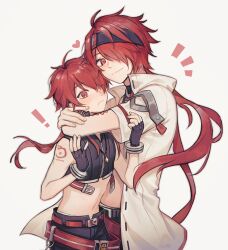 Rule 34 | 2boys, black shirt, blush, closed mouth, crop top, dual persona, elsword, elsword (character), highres, long hair, looking at viewer, male focus, midriff, multiple boys, navel, rar (rmrs1227), red eyes, red hair, rune master (elsword), rune slayer (elsword), shirt, short sleeves, smile, tattoo, white background, white shirt