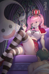Rule 34 | 1boy, 1girl, blue eyes, breasts, cigarette, crossed legs, crown, curvy, femdom, ghost, gothic lolita, hand on another&#039;s head, highres, holding, holding cigarette, indoors, kneeling, large breasts, lolita fashion, long hair, midriff, miniskirt, one piece, perona, pink hair, roronoa zoro, sitting, skirt, smoking, striped clothes, striped thighhighs, thick thighs, thighhighs, thighs, xiumu bianzhou