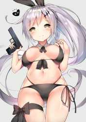 Rule 34 | 1girl, bare shoulders, bikini, bikini tug, black bikini, black ribbon, blush, bow, breasts, brown eyes, cameltoe, character name, cisyo, cleavage, closed mouth, cowboy shot, five-seven (cruise queen) (girls&#039; frontline), five-seven (girls&#039; frontline), fn five-seven, girls&#039; frontline, grey background, groin, gun, hair between eyes, hair ornament, hair ribbon, handgun, heart, holding, holding gun, holding weapon, jewelry, large breasts, leg ribbon, long hair, looking at viewer, navel, official alternate costume, pdw-caliber pistol, pistol, ponytail, ribbon, side-tie bikini bottom, sidelocks, silver hair, simple background, skindentation, smile, solo, stomach, swimsuit, thigh ribbon, very long hair, weapon