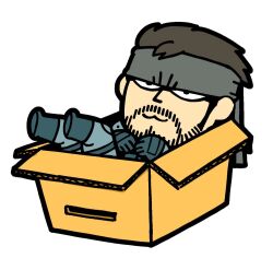 1boy :3 bkub black_eyes blue_gloves box brown_hair cardboard_box chibi chibi_only closed_mouth facial_hair gloves grey_headband headband in_box in_container male_focus metal_gear_(series) metal_gear_solid short_hair simple_background smile sneaking_suit solid_snake solo white_background