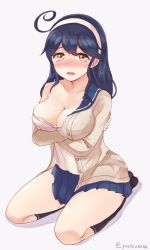 Rule 34 | 10s, 1girl, ahoge, bad id, bad pixiv id, blue hair, blush, breasts, brown eyes, cardigan, chiune (yachi), cleavage, full body, hairband, kantai collection, kneeling, long hair, looking at viewer, open mouth, school uniform, serafuku, sitting, skirt, solo, tears, torn clothes, ushio (kancolle)