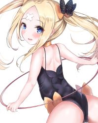 Rule 34 | 1girl, abigail williams (fate), alternate hairstyle, ass, back, bad id, bad pixiv id, bandaid, bandaid on face, bandaid on forehead, bare shoulders, black bow, black leotard, blonde hair, blue eyes, blush, bow, choker, crossed bandaids, fate/grand order, fate (series), forehead, hair bow, highres, hoop, hula hoop, leotard, long hair, looking at viewer, looking back, open mouth, orange bow, parted bangs, polka dot, polka dot bow, simple background, smile, solo, twintails, white background, yinpa (wanone500511)