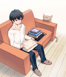 Rule 34 | 1boy, 1girl, 40hara, animal ear fluff, animal ears, black hair, blonde hair, cat ears, cat tail, clothes, commentary request, couch, folded clothes, folding clothes, hiding, kinako (40hara), original, short hair, sitting, slippers, tail, wooden floor