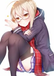 Rule 34 | &gt;:t, 1girl, :t, absurdres, ahoge, akiran&#039;nu, artoria pendragon (all), artoria pendragon (fate), bad id, bad twitter id, black-framed eyewear, black thighhighs, blue skirt, blush, braid, closed mouth, coat, duffel coat, fate/grand order, fate (series), french braid, glasses, hair between eyes, highres, holding, jitome, knees together feet apart, looking at viewer, mysterious heroine x alter (fate), mysterious heroine x alter (first ascension) (fate), plaid, plaid scarf, pleated skirt, red scarf, saber (fate), scarf, semi-rimless eyewear, short hair with long locks, sidelocks, simple background, sitting, skirt, solo, sparkle, thighhighs, thighs, under-rim eyewear, v-shaped eyebrows, white background
