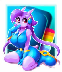 Rule 34 | 1girl, belt, bodysuit, boots, breasts, curvy, don-ko, dragon girl, dragon horns, eating, eyelashes, food, freedom planet, furry, galaxytrail, gloves, headgear, highres, horns, kneeling, large breasts, long hair, looking at viewer, looking to the side, pink eyes, popsicle, purple hair, sash lilac, sexually suggestive, simple background, sitting, tail, thick thighs, thighs, twintails, unitard, very long hair, wariza, wide hips