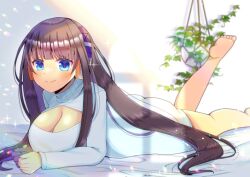 Rule 34 | 1girl, azur lane, barefoot, blue eyes, breasts, brown hair, cleavage, cleavage cutout, closed mouth, clothing cutout, commentary request, commission, feet out of frame, headphones, kou hiyoyo, large breasts, leg up, long hair, long island (azur lane), looking at viewer, lying, on stomach, skeb commission, smile, soles, solo, sweater, turtleneck, turtleneck sweater, very long hair, white sweater