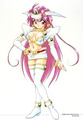 Rule 34 | 1990s (style), 1girl, alina (chip-chan kick!), boots, bridal gauntlets, chip-chan kick!, copyright name, copyright notice, earrings, hand on own hip, highres, jewelry, long hair, looking at viewer, navel, official art, pink eyes, pink hair, retro artstyle, simple background, solo, standing, thigh boots, thighhighs, very long hair, white background, white thighhighs, yanagi hirohiko