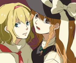 Rule 34 | 2girls, alice margatroid, bad id, bad pixiv id, black hat, blonde hair, bow, closed mouth, female focus, from above, green bow, green eyes, hair bow, hairband, hat, hat bow, hat ribbon, kirisame marisa, long hair, looking at viewer, looking away, multiple girls, necktie, open mouth, orange eyes, orange hair, red necktie, ribbon, short hair, simple background, sketch, touhou, uto uto, white bow, white ribbon, witch hat