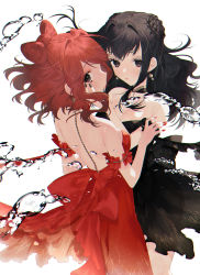 Rule 34 | 2girls, arm strap, back, back bow, backless dress, backless outfit, bad id, bad pixiv id, black dress, black eyes, black hair, black nails, blush, bow, braid, breasts, choker, cleavage, crossed bangs, dress, earrings, eyeshadow, frills, hair between eyes, hair bow, highres, jewelry, lips, lipstick, long hair, looking at viewer, looking back, makeup, medium breasts, multiple girls, nail polish, naomasap, original, parted lips, red dress, red hair, red nails, short dress, short hair, sidelocks, simple background, strapless, strapless dress, water, water drop, white background