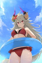 Rule 34 | 1girl, ahoge, armpits, bare arms, bare shoulders, bikini, blue sky, blush, breasts, cleavage, closed mouth, cloud, cole (coleltu), collarbone, commentary request, cowboy shot, day, draph, flower, frilled bikini, frills, from below, granblue fantasy, grey hair, hair between eyes, hair flower, hair ornament, holding, horn ornament, horns, innertube, large breasts, long hair, looking at viewer, outdoors, red bikini, red eyes, sky, smile, solo, standing, sunlight, swim ring, swimsuit, thighs, threo (eternal&#039;s summer vacation) (granblue fantasy), threo (granblue fantasy), underboob, very long hair