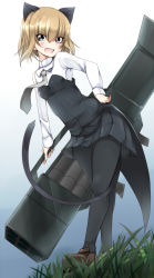 Rule 34 | 10s, 1girl, amai nekuta, animal ears, black dress, black pantyhose, blonde hair, blue eyes, blush, cat ears, cat tail, cosplay, dress, fang, girls und panzer, grass, hairband, hand on own hip, holding, katyusha (girls und panzer), loafers, long sleeves, looking at viewer, open mouth, pantyhose, rocket launcher, sanya v. litvyak, sanya v litvyak (cosplay), shirt, shoes, smile, solo, standing, strapless, strapless dress, strike witches, tail, weapon, white shirt, world witches series