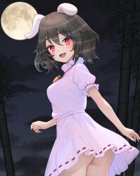 Rule 34 | absurdres, animal ears, bamboo, carrot necklace, dress, floppy ears, full moon, highres, inaba tewi, jewelry, long eyelashes, looking at viewer, looking back, moon, necklace, night, open mouth, pink dress, rabbit ears, rabbit girl, red eyes, ribbon-trimmed dress, smile, sugar you, touhou, tsukimi