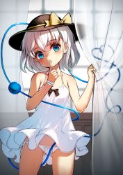 Rule 34 | 1girl, bad id, bad tumblr id, black hat, blue eyes, blue nails, bow, curtain grab, curtains, dress, earrings, finger to mouth, gluteal fold, hat, hat bow, heart, heart of string, highres, jewelry, komeiji koishi, looking at viewer, nail polish, panties, pyonsuke (pyon2 mfg), short dress, side-tie panties, solo, standing, third eye, touhou, underwear, white dress, white hair, white panties, wrist cuffs, yellow bow