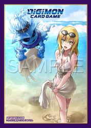 1girl bare_shoulders beach black_bra black_panties blonde_hair bra bra_visible_through_clothes breasts cleavage digimon digimon_(creature) digimon_card_game digimon_liberator dress eyewear_on_head floating ghost ghostmon hat highres holding holding_hat holding_unworn_clothes keyliom large_breasts long_hair multicolored_hair ocean panties panties_visible_through_clothes purple_hair sample_watermark sand see-through_clothes see-through_dress standing sunglasses two-tone_hair underwear violet_inboots watermark wet wet_clothes wet_dress white_dress white_hat wringing_clothes wringing_dress