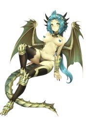 Rule 34 | 1girl, aqua hair, barbariank, black nails, black panties, black thighhighs, breasts, breasts apart, bronze dragon (d&amp;d), censored, censored nipples, colored skin, commentary, dragon girl, dragon tail, dragon wings, dungeons &amp; dragons, english commentary, fingernails, forehead, full body, green eyes, heart, heart censor, highres, horns, light smile, long hair, looking at viewer, low ponytail, monster girl, multiple horns, nail polish, navel, panties, personification, ponytail, scales, sharp fingernails, simple background, slit pupils, solo, tail, thighhighs, topless, underwear, very long hair, white background, wings, yellow skin