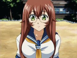 Rule 34 | 00s, 1girl, animated, animated gif, assisted exposure, blush, bouncing breasts, bra, breasts, brown hair, cleavage, embarrassed, glasses, green eyes, ikkitousen, large breasts, lingerie, long hair, lowres, pink bra, ryuubi gentoku, school uniform, screencap, standing, underwear, undressing, upper body