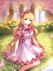 Rule 34 | 1girl, absurdres, bad id, bad pixiv id, blonde hair, bow, bush, cherry blossoms, day, dress, forest, grass, green eyes, gya (144), hair bow, highres, long hair, looking at viewer, nature, original, outdoors, petals, pink dress, sitting, very long hair, water