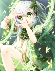 Rule 34 | 1girl, :d, bracelet, cape, commentary request, detached sleeves, dress, finger frame, genshin impact, gradient hair, green cape, green eyes, hair between eyes, hair ornament, highres, jewelry, leaf hair ornament, long hair, looking at viewer, maya (tirolpop), multicolored hair, nahida (genshin impact), open mouth, outdoors, pointy ears, short dress, short sleeves, side ponytail, sidelocks, sitting, smile, solo, streaked hair, sunlight, swing, symbol-shaped pupils, two-tone hair, white dress, white hair