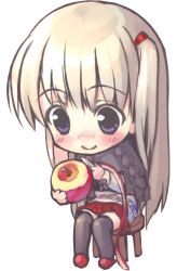 Rule 34 | 1girl, apple, blonde hair, blue eyes, chibi, food, fruit, full body, highres, long hair, peeling, sitting, smile, solo, takoyaki (roast), thighhighs, transparent background