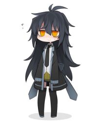 Rule 34 | 1girl, antenna hair, back bow, bags under eyes, black hair, black jacket, black necktie, black thighhighs, bow, closed mouth, flying sweatdrops, full body, grey bow, hair between eyes, jacket, kisaragi kaya, lapels, light blush, lil (kisaragi kaya), long hair, messy hair, necktie, notched lapels, open clothes, open jacket, original, pleated skirt, simple background, skirt, smile, solo, standing, thighhighs, very long hair, white background, yellow eyes, yellow skirt