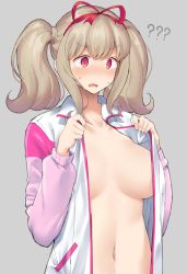 Rule 34 | 1girl, ?, ??, @ @, blush, breasts, collarbone, collared jacket, copyright request, grey background, hair ribbon, highres, jacket, large breasts, long hair, long sleeves, mukuba, navel, nose blush, open clothes, open jacket, red eyes, red ribbon, ribbon, simple background, solo, sweat, twintails, upper body, wavy mouth