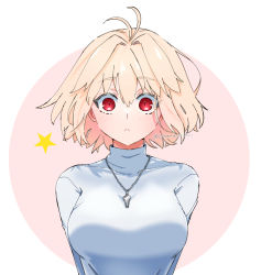 Rule 34 | 1girl, :&lt;, antenna hair, arcueid brunestud, blonde hair, breasts, citron80citron, closed mouth, jewelry, large breasts, looking at viewer, pendant, red eyes, short hair, simple background, star (symbol), tsukihime, upper body, white background