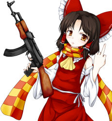 Rule 34 | 1girl, ak-47, ascot, assault rifle, benikurage (cookie), blush, bow, brown eyes, brown hair, closed mouth, commentary request, cookie (touhou), cowboy shot, detached sleeves, frilled bow, frilled hair tubes, frilled shirt collar, frills, gun, hair bow, hair tubes, hakurei reimu, highres, holding, holding gun, holding weapon, kalashnikov rifle, looking at viewer, middle finger, neko mata, orange scarf, parted bangs, red bow, red shirt, red skirt, ribbon-trimmed sleeves, ribbon trim, rifle, sarashi, scarf, shirt, short hair, simple background, skirt, skirt set, sleeveless, sleeveless shirt, solo, striped clothes, striped scarf, touhou, weapon, white background, white sleeves, yellow ascot, yellow scarf