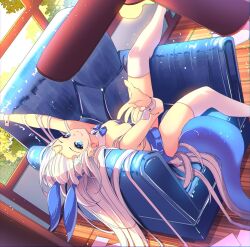 Rule 34 | 1girl, animal ears, blue eyes, blue hair, blue leotard, breasts, ceiling fan, collar, couch, day, detached collar, fake animal ears, fins, fish tail, gawr gura, grey hair, hair spread out, highres, hololive, hololive english, leotard, long hair, looking at viewer, lying, medium breasts, multicolored hair, on back, on couch, playboy bunny, rabbit ears, shark girl, shark tail, small breasts, smile, solo, strapless, strapless leotard, streaked hair, sunlight, tail, the0neulost, thighhighs, ventilator, very long hair, virtual youtuber, white collar, white hair, white thighhighs, white wrist cuffs, window, wooden floor, wrist cuffs