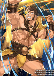 Rule 34 | 1boy, abs, bara, brown hair, bulge, chest harness, cross scar, facial hair, fighting stance, goatee, harness, heracles (housamo), kienbiu, large pectorals, long sideburns, male focus, manly, muscular, nipples, paid reward available, pectorals, revealing clothes, scar, short hair, sideburns, solo, thick thighs, thighs, tokyo houkago summoners, topless male, upper body
