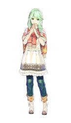 Rule 34 | 1girl, 3d, atelier (series), atelier shallie, female focus, full body, green eyes, green hair, hidari (left side), highres, matching hair/eyes, nady elminus, official art, own hands together, pants, shawl, shoes, short hair, simple background, skirt, smile, solo, standing, white background