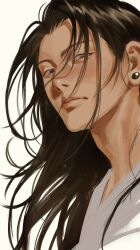 Rule 34 | 1boy, black hair, brown eyes, closed mouth, ear piercing, expressionless, getou suguru, hair over eyes, highres, jujutsu kaisen, long hair, looking at viewer, male focus, ndsoda, piercing, portrait, robe, signature, simple background, solo, white background, white robe