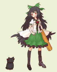 Rule 34 | 1girl, animal, black hair, bow, cape, cat, dress, female focus, full body, hair bow, long hair, open mouth, red eyes, ribbon, simple background, solo, touhou, wings