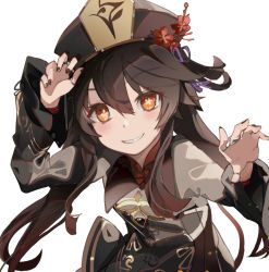 Rule 34 | 1girl, black coat, black hat, blush, breasts, brown hair, coat, coattails, flower, genshin impact, grin, hat, hat flower, hu tao (genshin impact), long hair, long sleeves, looking at viewer, plum blossoms, red eyes, same (sendai623), small breasts, smile, solo, symbol-shaped pupils, twintails, very long hair