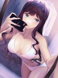 Rule 34 | 1girl, amagami, black hairband, blue eyes, bra, breasts, brown hair, cellphone, cleavage, closed mouth, collarbone, floating hair, hairband, highres, holding, holding phone, long hair, looking at viewer, medium breasts, morishima haruka, navel, panties, phone, prem (user htrd4732), shiny skin, smartphone, solo, underwear, underwear only, very long hair, white bra, white panties