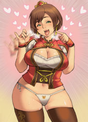 Rule 34 | 1girl, bad id, bad pixiv id, black thighhighs, blush, breasts, brown hair, chinese clothes, cleavage, cleavage cutout, clothing cutout, contrapposto, crown, curvy, earrings, emphasis lines, green eyes, head tilt, heart, heavy breathing, huge breasts, jewelry, lips, maou alba, mini crown, motion blur, nail polish, naughty face, navel, no pants, open mouth, panties, plump, pointing, pointing at self, pussy juice, saliva, sexually suggestive, shin sangoku musou, short hair, side-tie panties, solo, standing, sun shang xiang, sweat, tassel, tassel earrings, thick thighs, thighhighs, thighs, tiger panties, underwear, wristband