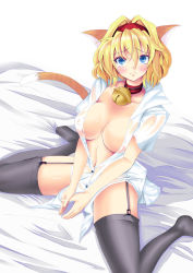 Rule 34 | 1girl, alice margatroid, alternate costume, animal ears, azusayumi meme, bad id, bad pixiv id, bed sheet, bell, black thighhighs, blonde hair, blue eyes, blush, breasts, cat ears, cat girl, cat tail, collar, female focus, frown, garter straps, hairband, large breasts, looking at viewer, navel, neck bell, see-through, see-through silhouette, shiny skin, shirt, short hair, sitting, solo, tail, thighhighs, touhou, wariza, white shirt