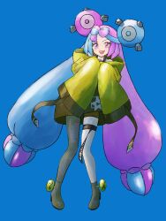 Rule 34 | 1girl, :d, absurdres, blue background, blue hair, bow-shaped hair, character hair ornament, creatures (company), full body, game freak, hair ornament, highres, iono (pokemon), jacket, long hair, long sleeves, looking at viewer, mikan (mikan no happa), multicolored hair, nintendo, open mouth, pink eyes, pink hair, pokemon, pokemon sv, sharp teeth, single leg pantyhose, sleeves past fingers, sleeves past wrists, smile, solo, teeth, thigh strap, two-tone hair, upper teeth only, very long hair, yellow jacket