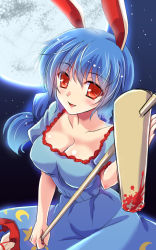 Rule 34 | 1girl, animal ears, blood, bloody weapon, blue dress, blue hair, braid, breasts, rabbit ears, cleavage, dress, full moon, kine, large breasts, long hair, looking at viewer, mallet, moon, night, open mouth, red eyes, seiran (touhou), sky, smile, solo, touhou, weapon, yamu (reverse noise)