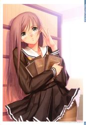 Rule 34 | 1girl, absurdres, adjusting eyewear, arm up, book, hugging book, brown pantyhose, frontier, glasses, highres, holding, holding book, hugging object, long sleeves, looking at viewer, pantyhose, parted lips, pleated skirt, school uniform, skirt, solo, striped clothes, striped skirt, thighband pantyhose, tony taka