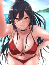Rule 34 | 1girl, beach, bikini, black hair, blush, breasts, choker, cleavage, closed mouth, commentary request, day, demio, hair between eyes, hand on own hip, high ponytail, highres, idolmaster, idolmaster shiny colors, large breasts, leaning forward, long hair, looking at viewer, ocean, ponytail, red bikini, shirase sakuya, smile, solo, swimsuit, yellow eyes