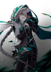 Rule 34 | 1boy, ainchase ishmael, black gloves, braid, commentary, crying, earrings, elsword, english commentary, gloves, green eyes, grey hair, hair over one eye, highres, holding, jewelry, long hair, looking at viewer, ohil (ohil822), pendulum, solo, teeth