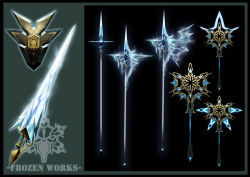 Rule 34 | axe, black background, commentary, commentary request, english commentary, english text, fantasy, green background, ice, lance, miga (migao), mixed-language commentary, no humans, original, polearm, shield, simple background, snowflakes, spear, still life, weapon, weapon focus