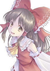 Rule 34 | 1girl, ascot, bow, brown eyes, brown hair, commentary request, detached sleeves, frilled bow, frilled hair tubes, frills, hair bow, hair tubes, hakurei reimu, highres, komiru, long hair, open mouth, red bow, ribbon-trimmed sleeves, ribbon trim, smile, solo, touhou, yellow ascot