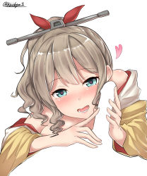 Rule 34 | 10s, 1girl, :d, absurdres, blue eyes, blush, bow, drill hair, hair bow, handjob, hatakaze (kancolle), heart, heart-shaped pupils, highres, japanese clothes, kantai collection, kimono, kiritto, light brown hair, meiji schoolgirl uniform, open mouth, penis, red bow, short hair, simple background, smile, solo, symbol-shaped pupils, twitter username, white background, wide sleeves, yellow kimono